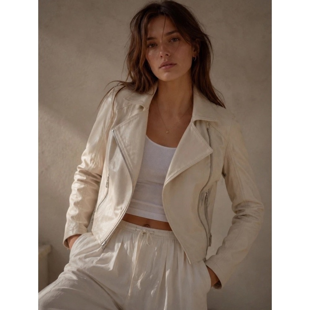 Blank NYC Meant To Be Moto Jacket Cream Vegan Leather Off White Biker Size M